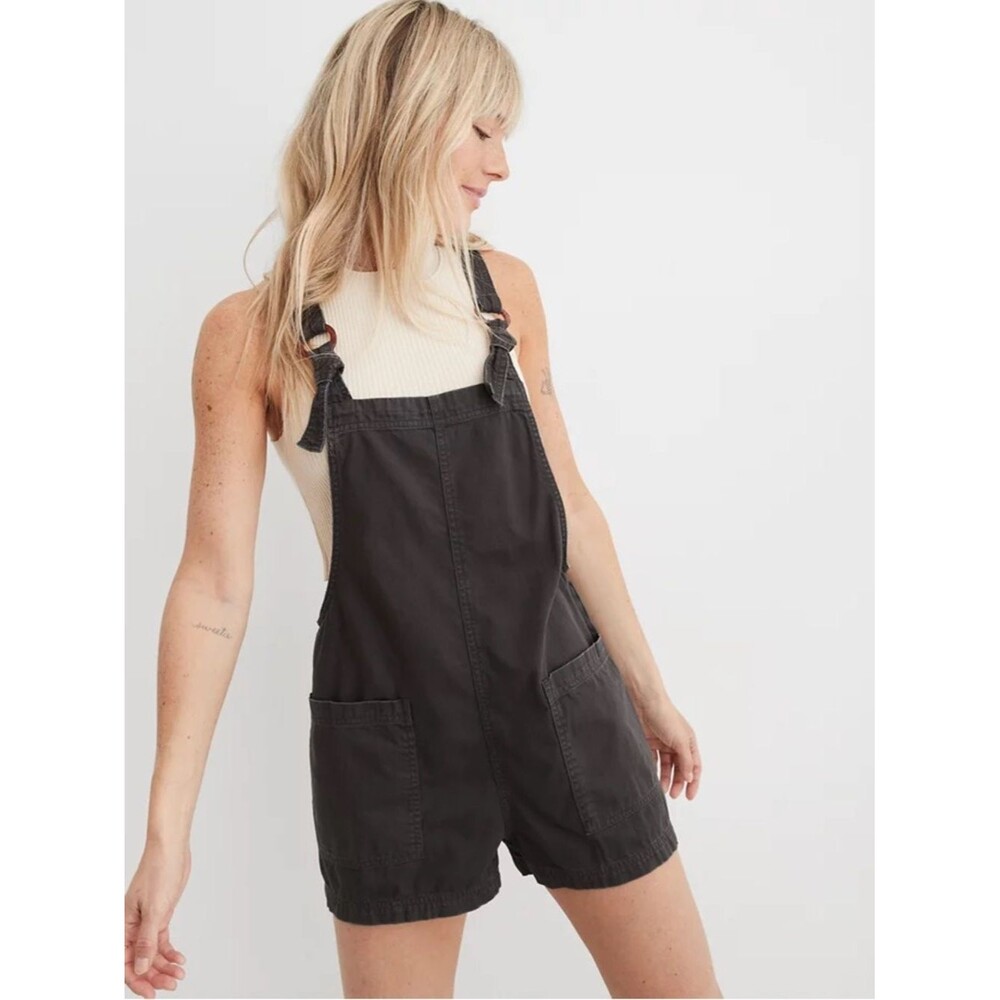 Aerie Beach Shortall Tortoise Shell Cotton Twill Romper Charcoal Grey